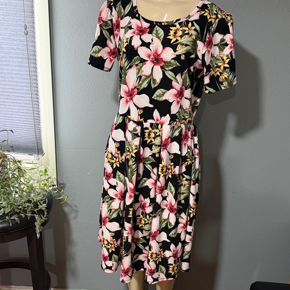 LuLaRoe Black Floral Midi Dress with Pink Blooms